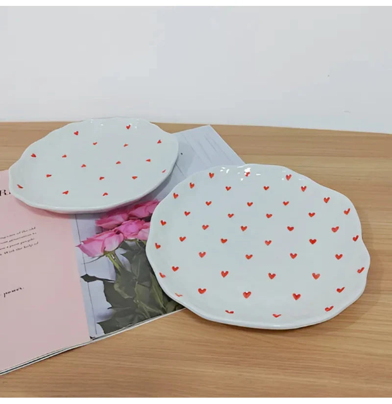 Red Hearts Ceramic Hand-Made Irregular Shaped Porcelain Plates