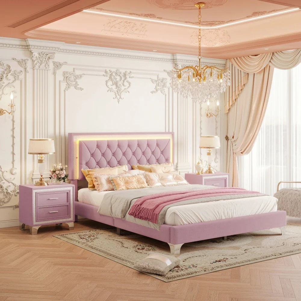 Three -Piece Upholstered Platform Bed Set with LED Lights and Nightstands Pink Velvet Foam-Filled Elegance & Ambiance Easy