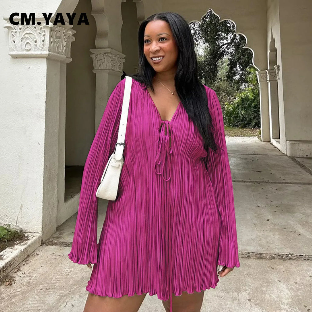 Long Sleeve Women V-neck Pleated Dress Casual Streetwear Plus Size Mini Dresses Party Casual