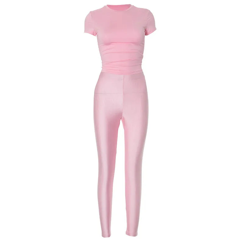 Casual Women 2 Piece Set Tracksuit Shorts Sleeve Crop Tops+Silky Leggings Matching