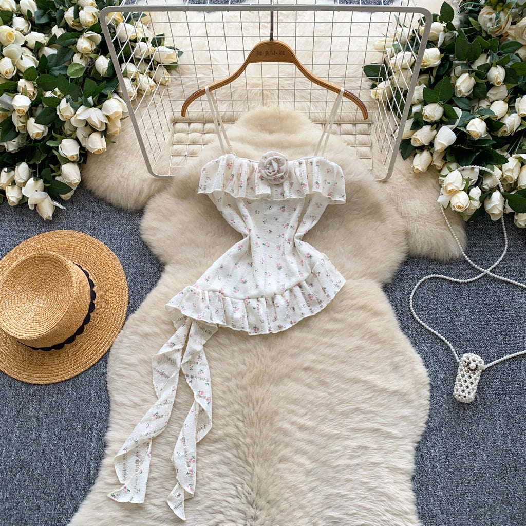 Ladies Floral Summer Camisole Sleeveless Irregular Slim Camis Women 3D Flower Ribbon Design Print Top