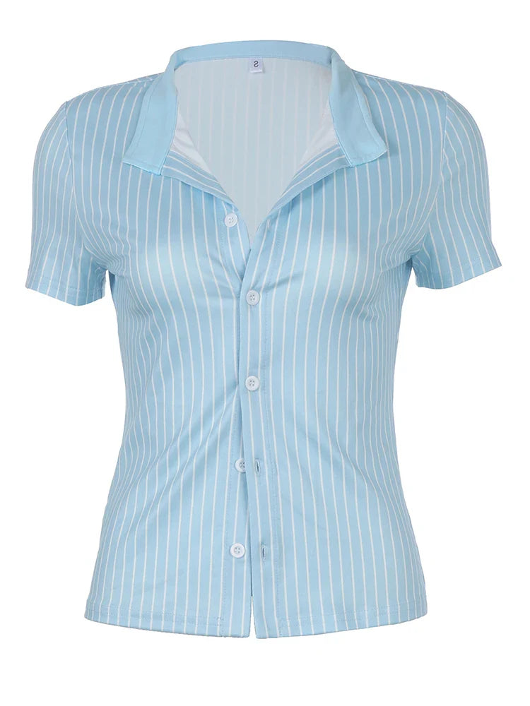 Stripe Short Sleeve Shirts For Women Button Up Turn Down Collar Slim Simple Casual Preppy Tops Basic Summer Tees