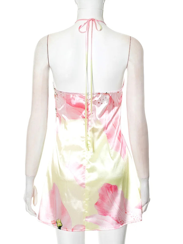 Halter Contrast Print Lace Up Fashion Slim Mini Dress A-line Dress