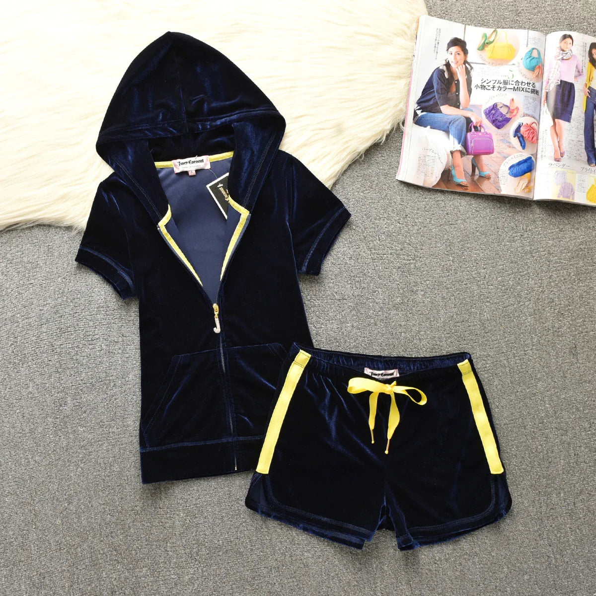 Velvet Velour Shorts Tracksuit Two Piece Sets Women Outfit Short Sleeve Top and Short Sets