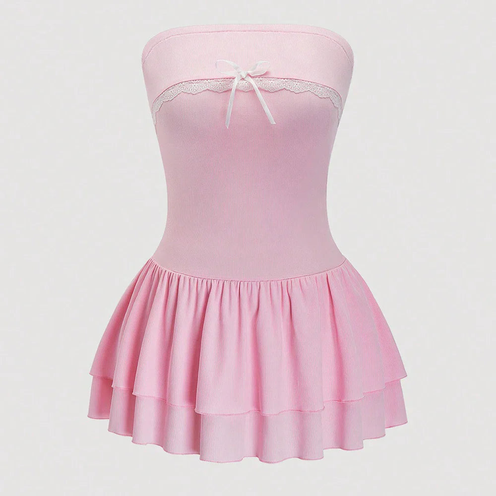 Plus Size Contrasting Lace Ruffle Hem Tube Dress Y2K Clubwear Fake Day Dresses Women's Mini Short Women's Sets