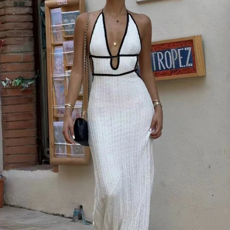 Sexy Elegant Halter Dress Women Summer Backless Lace-Up Color-Block Sleeveless