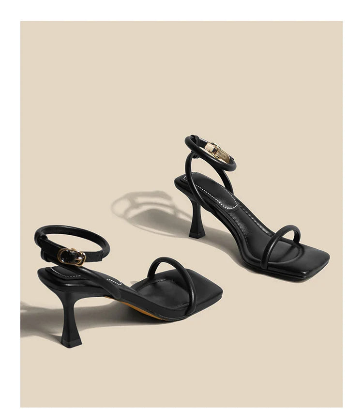 Women's High Heel Sandals Square Toe Thin Heels One-length Strip Open Toe Sandals