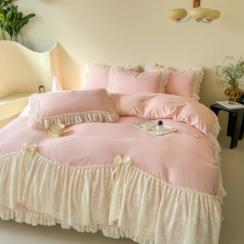 Princess Lace Bow Bedding Set Sweet Girl Chiffon Ruffles Duvet Cover Bed Sheet Pillowcase