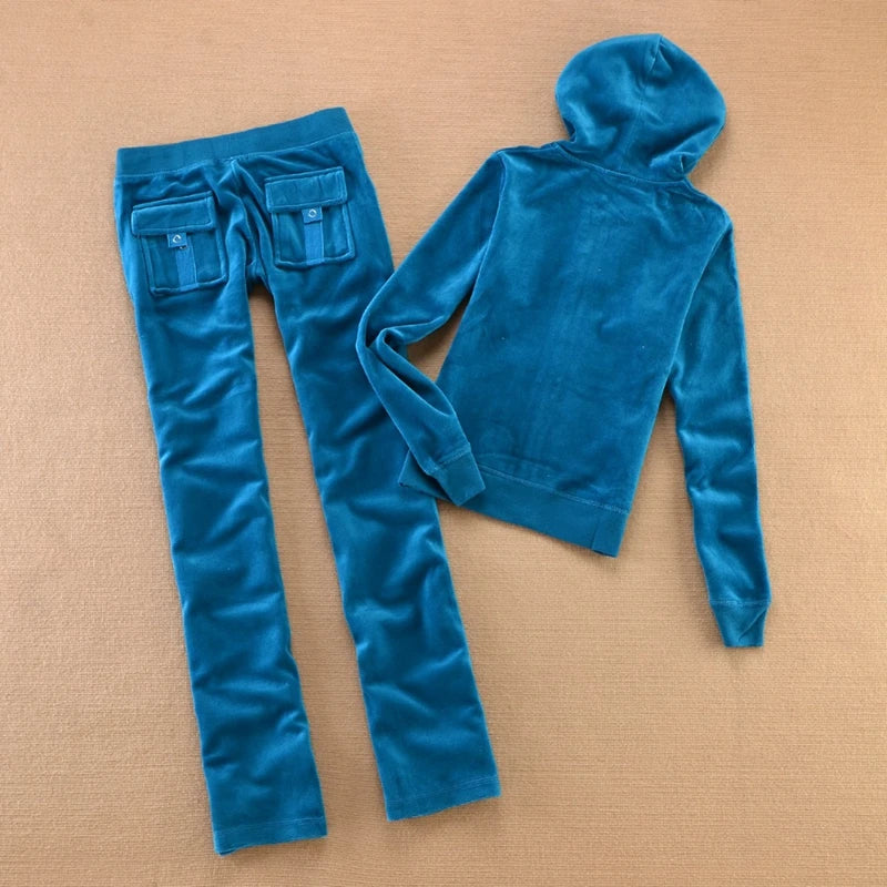 Solid Color Velvet Tracksuit For Women Two Piece Spring Women's Sweatshirt and Trousers Set