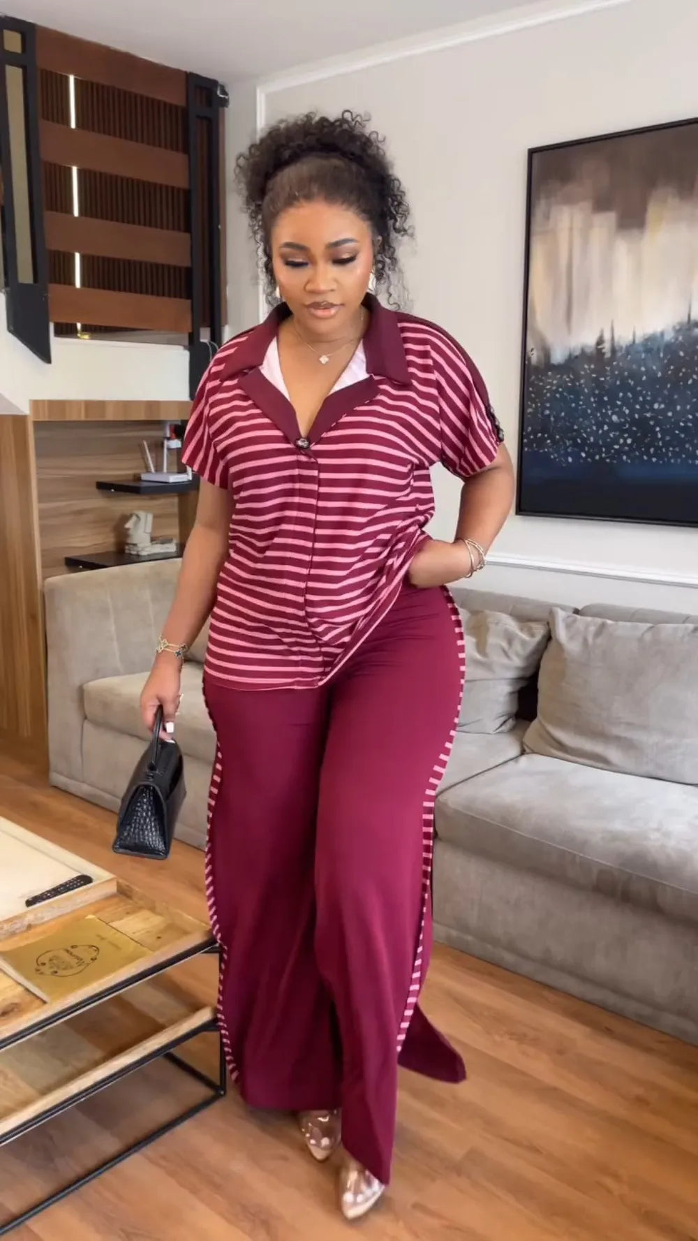 Summer Fashion Two Piece Set Women Solid Color Round Neck Short Sleeve T-shirt Printed Wide Leg Pants Casual Two Piece Set