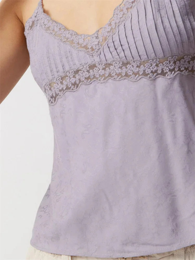 Women Camis Crop Tops Slim Sleeveless Lace Trim Embroidery V Neck Backless Adjustable Spaghetti Strap Party Tank Tops