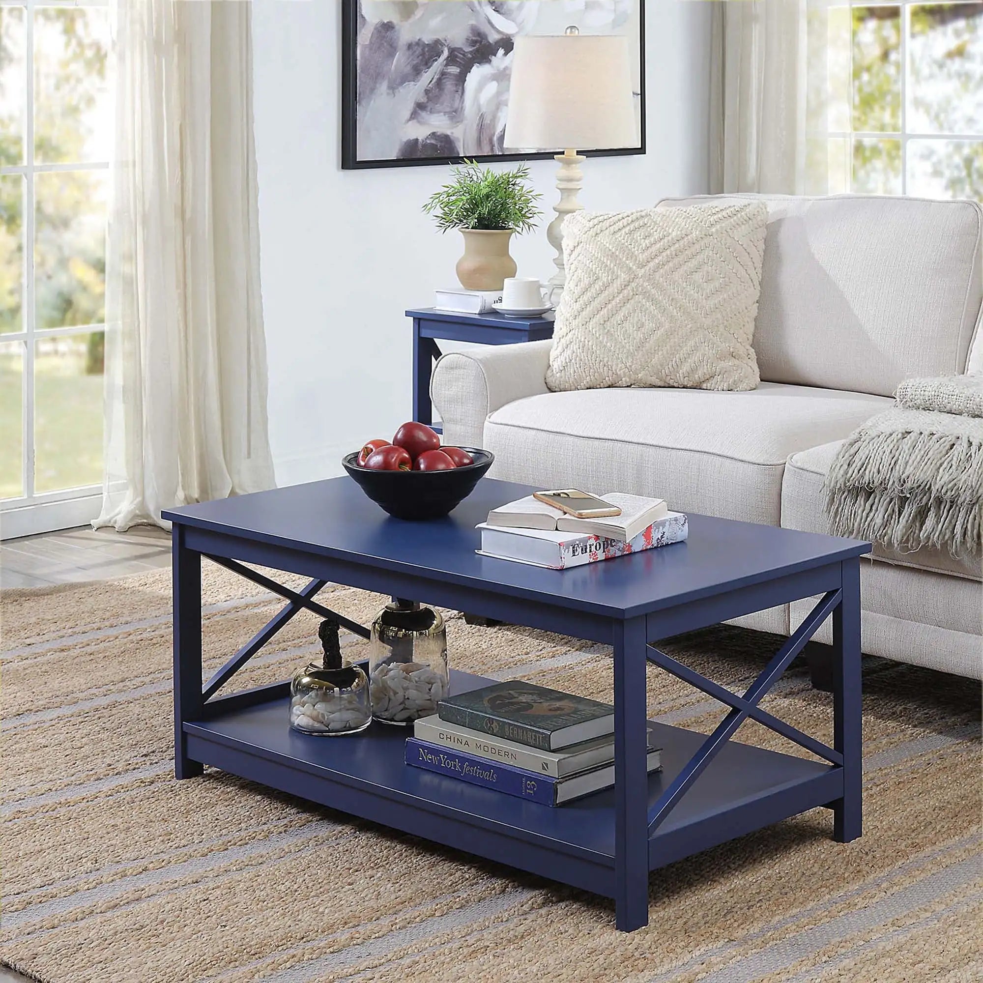 Oxford Coffee Table with Shelf, Transitional & Coastal Style,Two Tiers of Spacious Shelving