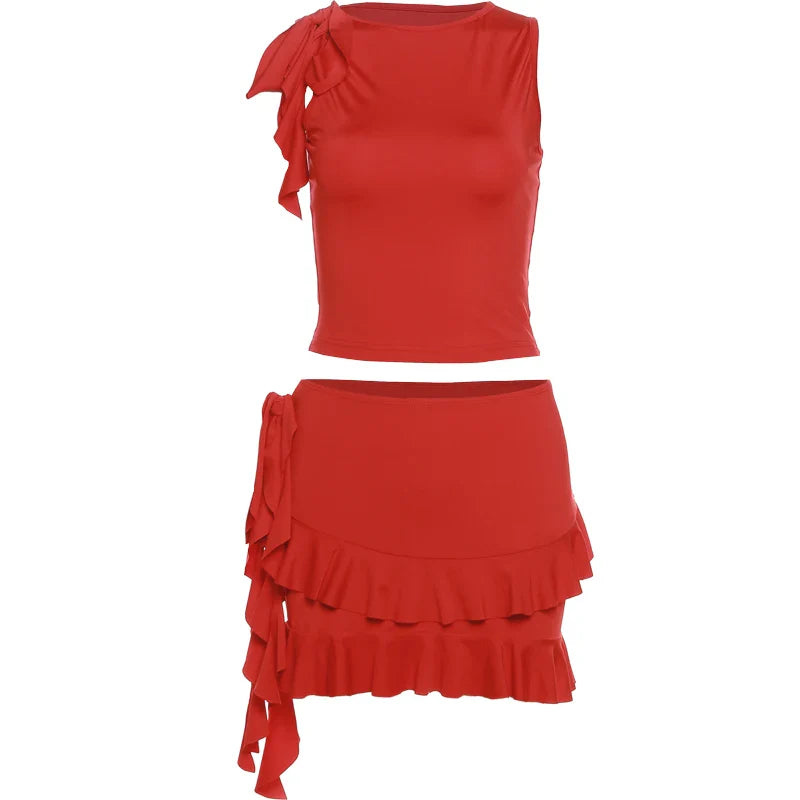 Women 2 Piece Set Double-Deck Pleated Tassel Mini Skirt+Bandage Slim Tank Top Festival Party Sexy Matching Outfits