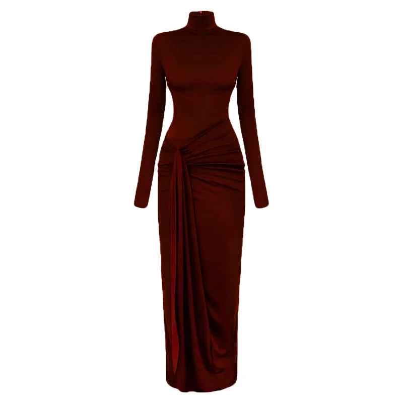 Pleated Bandage Long High Waist Slim Patchwork Long Sleeve Elegant Women's Maxi Dress