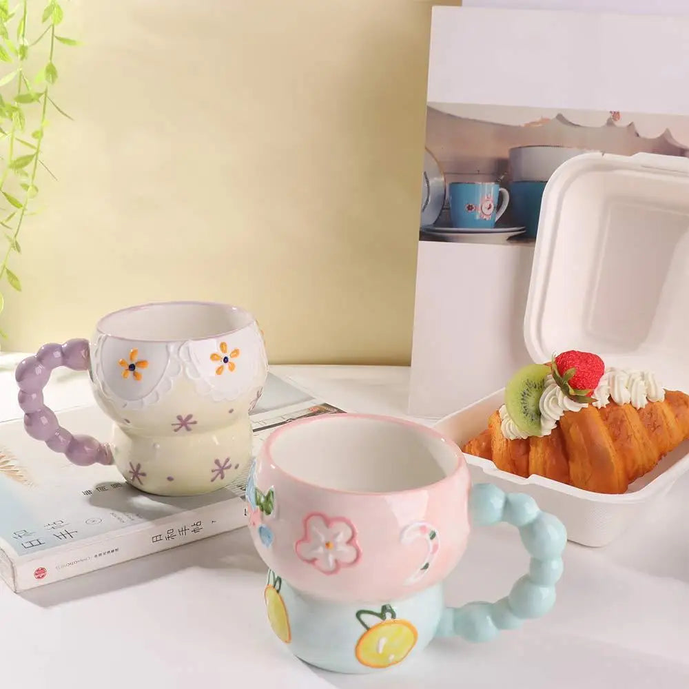 Cute Ceramic Breakfast Cup Hand Painted Large Capacity Floral Pattern Cup