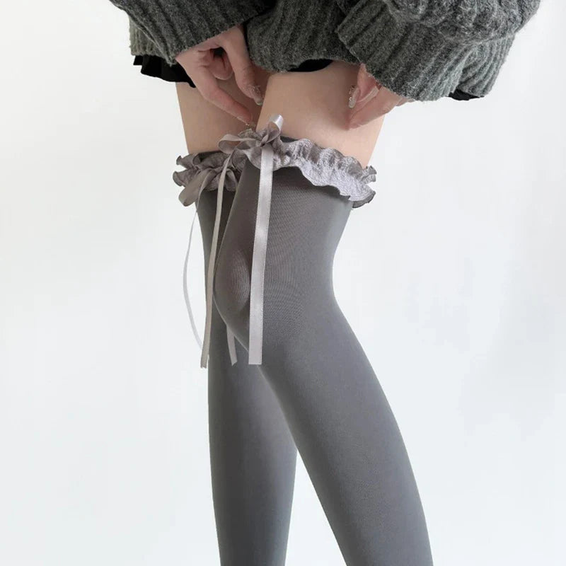 Women Lace Black White Ruffle Long Socks Women Girls Sweet Stockings Lolita Nylon Lace Leggings Over The Knee Bowknot Hosiery