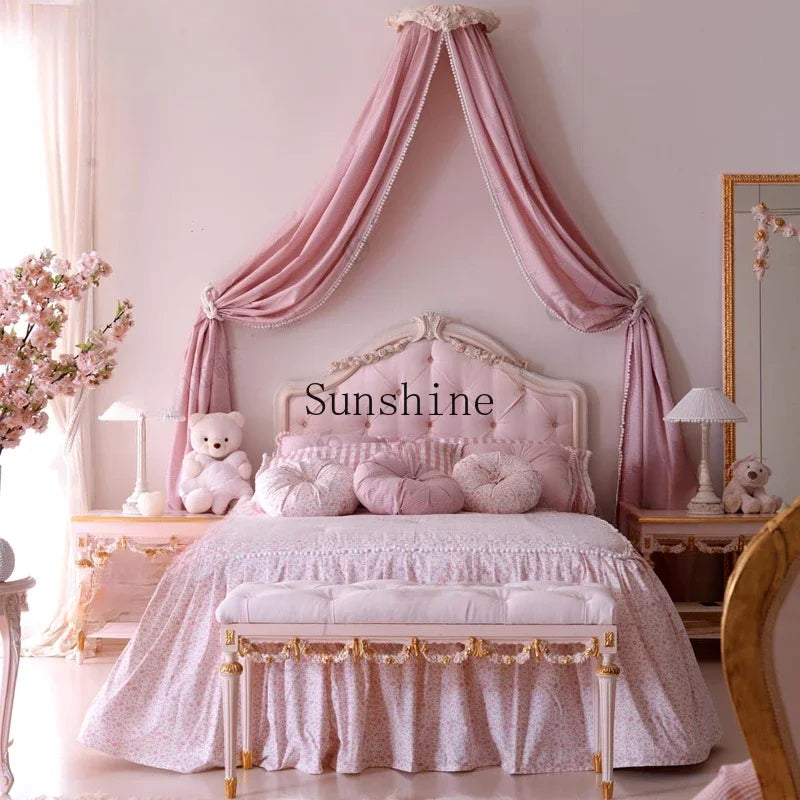 Solid Wood Pink Princess Bed European Leather Art Girl Single Bed