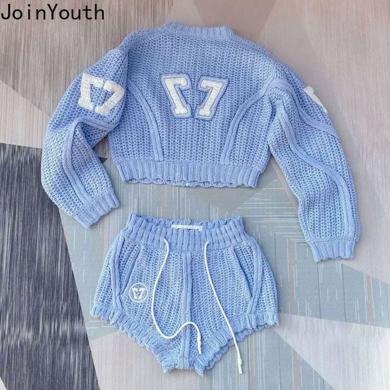 Knitted Clothing 2 Piece Womens Outfits Roupas Femme Zipper Letter Cropped Cardigan High Waist Casual Shorts Suit Set