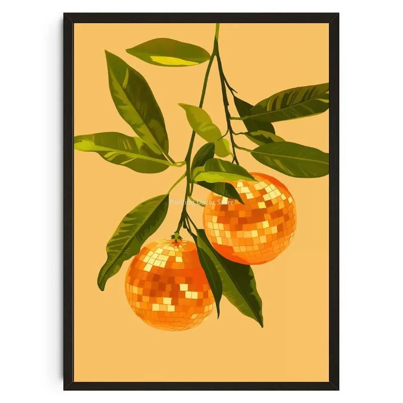 Retro Abstract Fruit Disco Ball Orange Miorrorball Creative Poster Canvas Paintings Wall Art Pictures