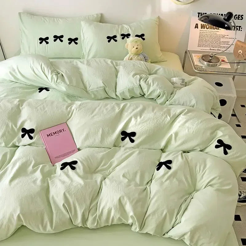 Girls Bedding Set with Bow Korean Breathable Duvet Cover No Filler Flat Sheet Pillowcases Mix Color Comforter Cover Set