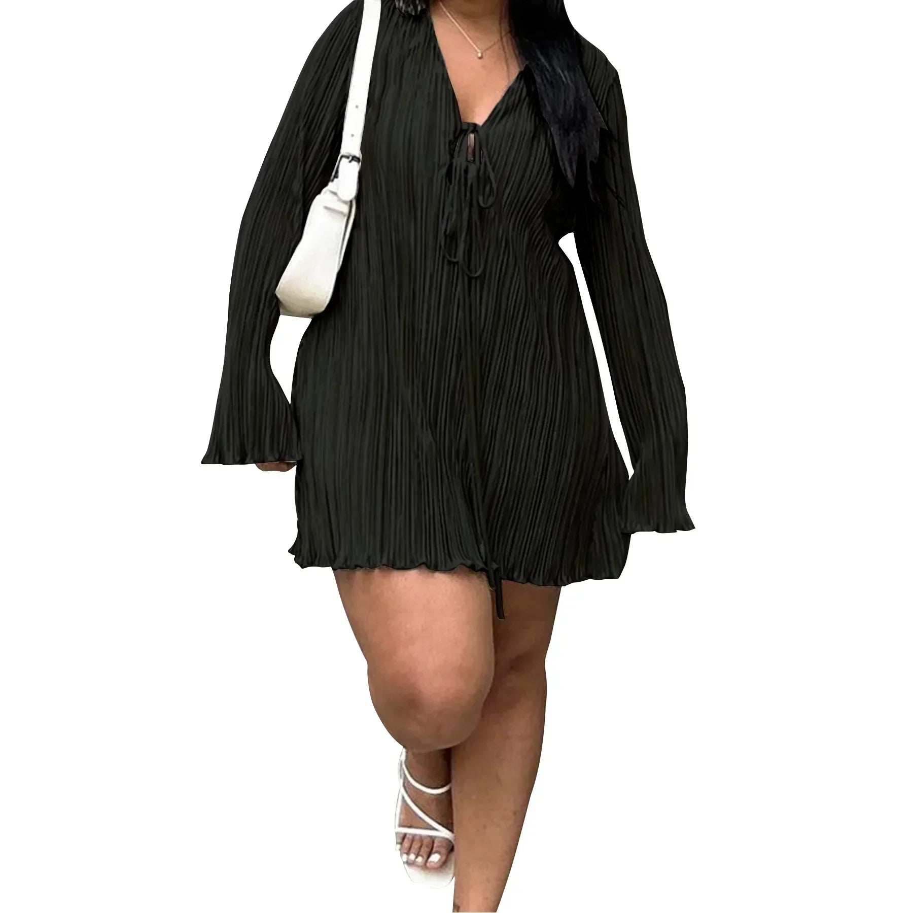 Long Sleeve Women V-neck Pleated Dress Casual Streetwear Plus Size Mini Dresses Party Casual