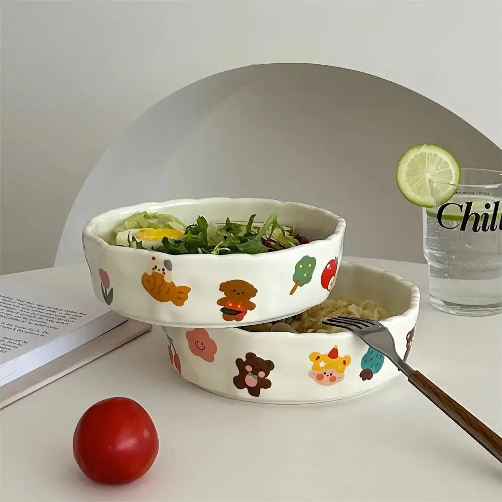 Cute Little Design Matte Hand Pressed Ceramic Deep Plate Cartoon Bowl