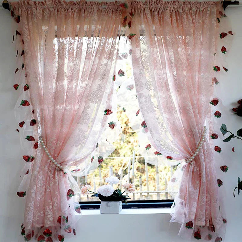 French Pink Lace Cute Strawberry Sequin Lace Curtains