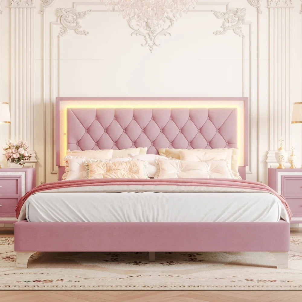 Three -Piece Upholstered Platform Bed Set with LED Lights and Nightstands Pink Velvet Foam-Filled Elegance & Ambiance Easy