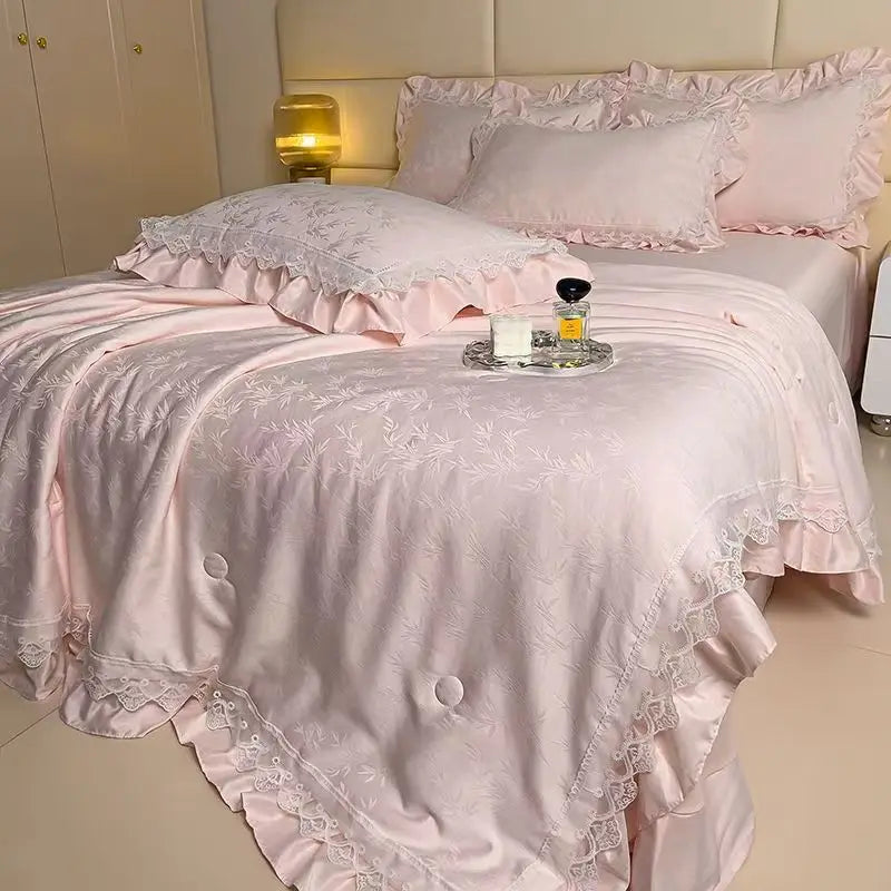 Princess Jacquard Lace Quilt Bedding Summer Blanket Cool Feeling Silky Comforter Thin Duvet
