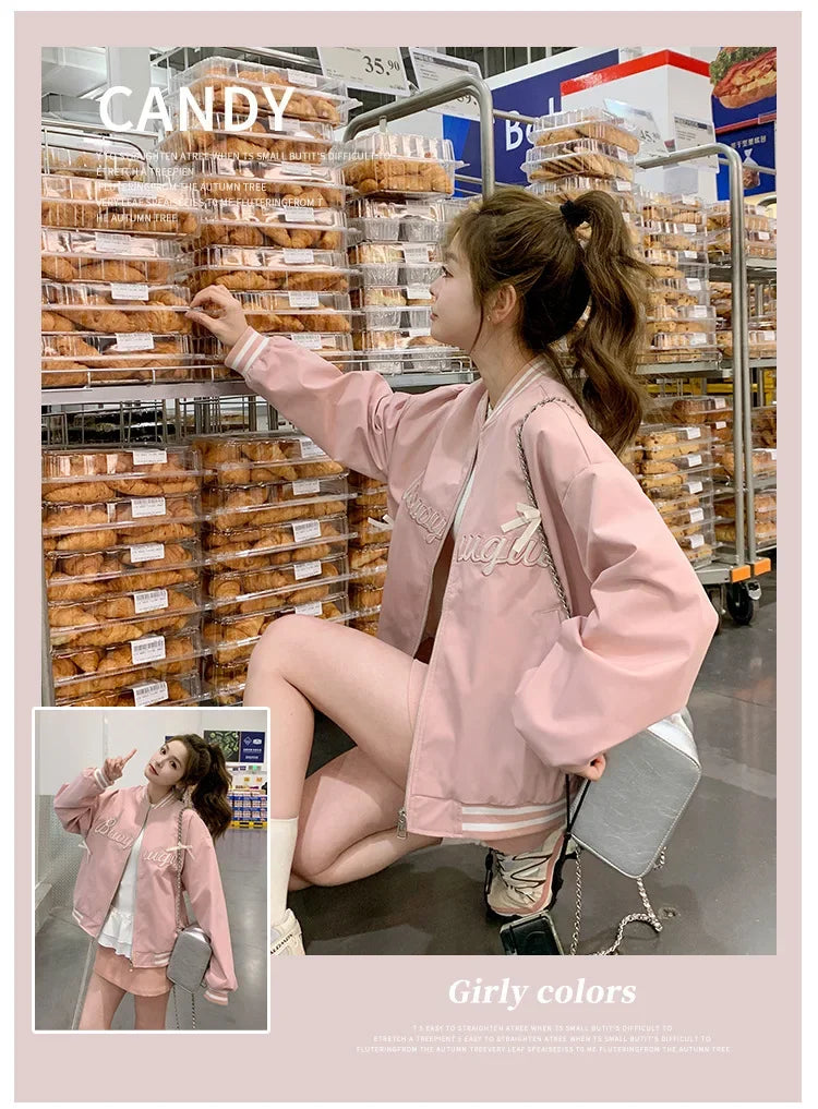Sweet Butterfly Knot Pink Baseball Jacket Women's Spring Autumn Casual Loose Fit round Neck Full Sleeve Fashionable Coat