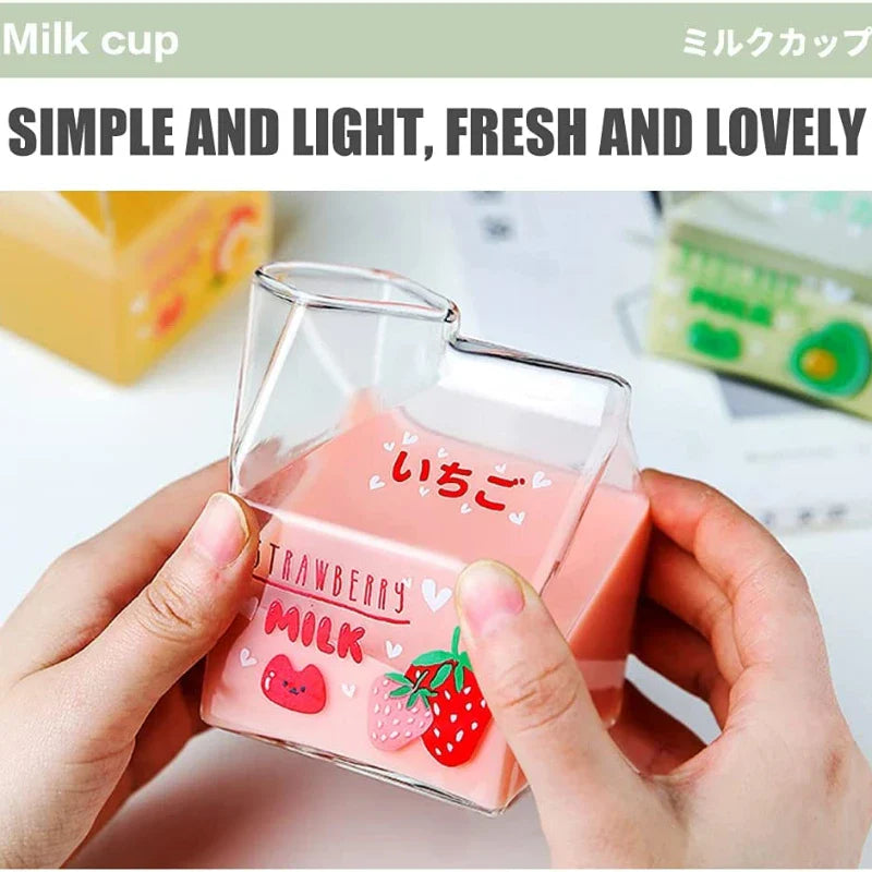 Kawaii Square Milk Carton Glass Cup Heat Resistant Cute Strawberry Peach Breakfast Cup Pudding Cup 380ml