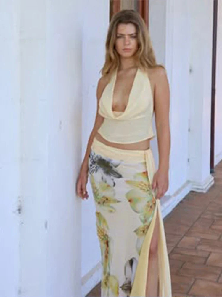 Women 3 Piece Set Stack Trend Halter Tops+Split Tassel Tassel+Flowers Mesh Skirts Matching Set