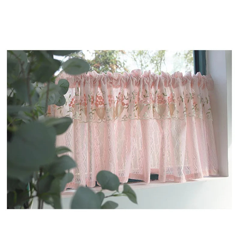 Pink Small Window Short Curtain Embroidery Floral Lace Half Window Curtains Sheer Tulle Home Decoration