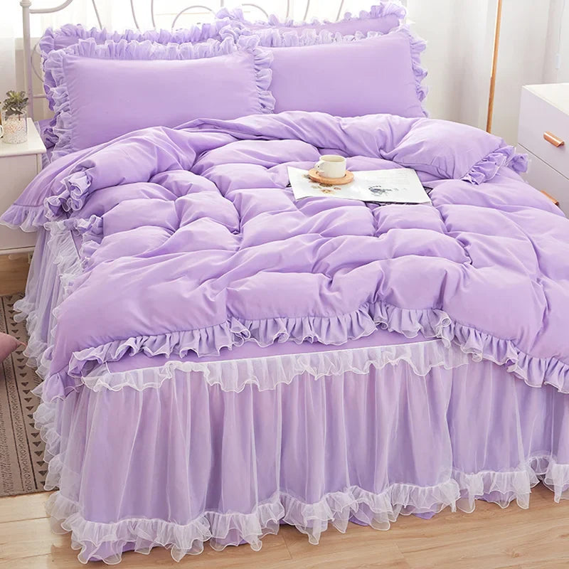 Princess Girl Pink Bedding Skirt Sheet With Lace Solid Color Bed Cover Pillowcase Decor Bedroom