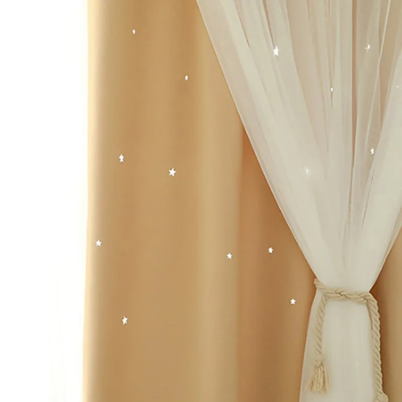 Double-Deck Princess Curtains for Living Room Hollow Stars Lace Curtain for Bedroom Shade Curtain Tulle Cloth