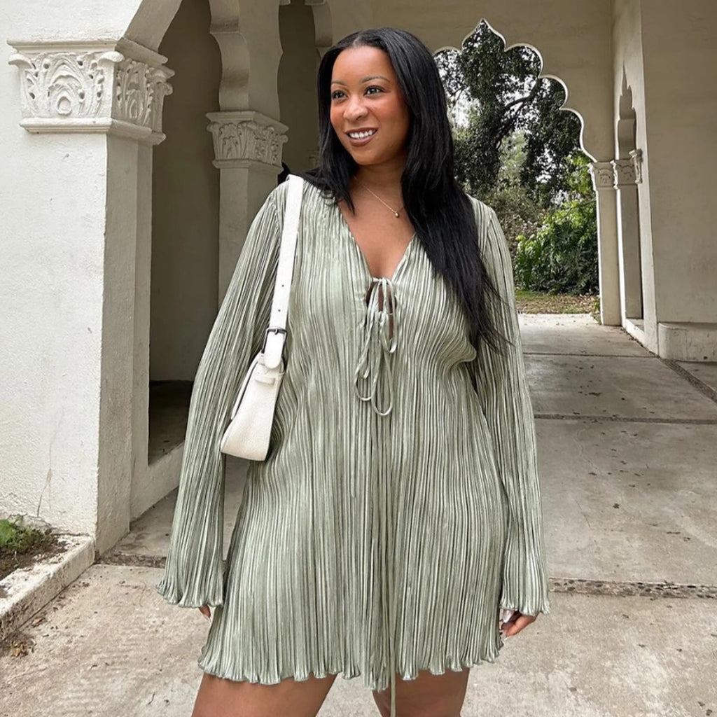 Long Sleeve Women V-neck Pleated Dress Casual Streetwear Plus Size Mini Dresses Party Casual
