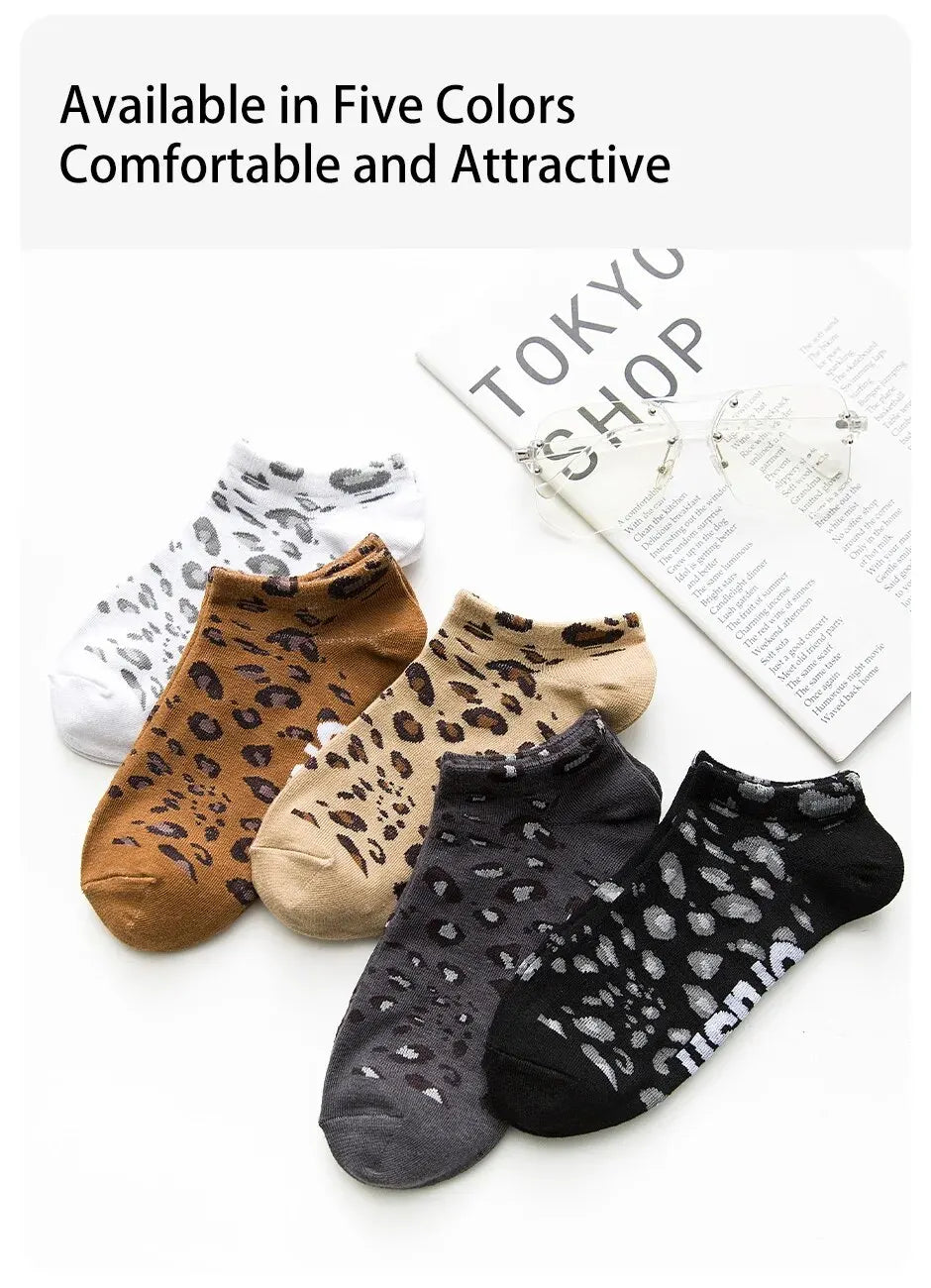 Women's Seasonal Fashionable and Trendy Leopard Print Cotton Sweat-absorbing and Comfortable Sports Low Top Socks