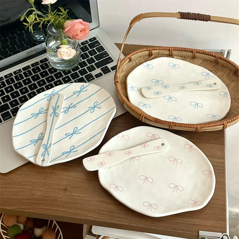 Cute Bowknot Kawaii Ceramic Plate For Cake Food Dinner Breakfast Ins Dessert Salad Decorative Dish 8 inch