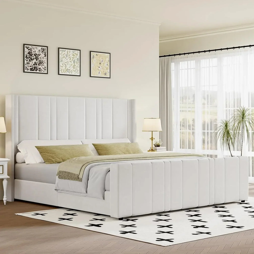 Soft Velvet Upholstered Bed Frame with Vertical Channel Tufted Wingback Headboard & Tall Footboard