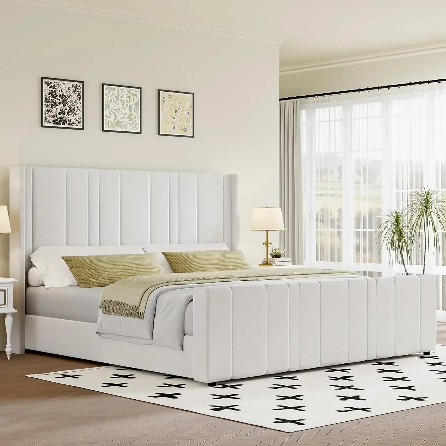 Soft Velvet Upholstered Bed Frame with Vertical Channel Tufted Wingback Headboard & Tall Footboard