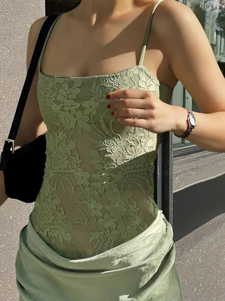 Elegant Sling Patchwork Dress Women Slim See Through Sleeveless Fold Long