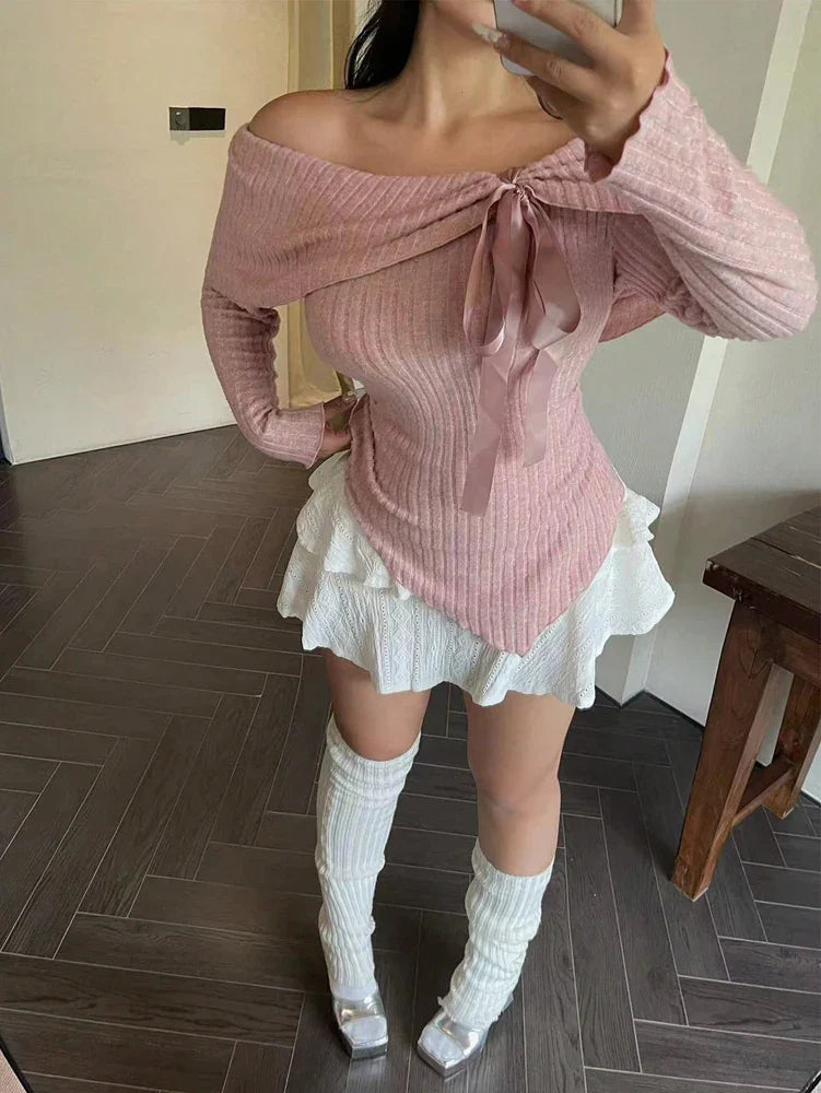 Plus Size Womens Solid Colour Strapless Long Sleeve Simple T Shirt Spring Daily Casual Dress Up Cute Wind Pure Colour Polyester