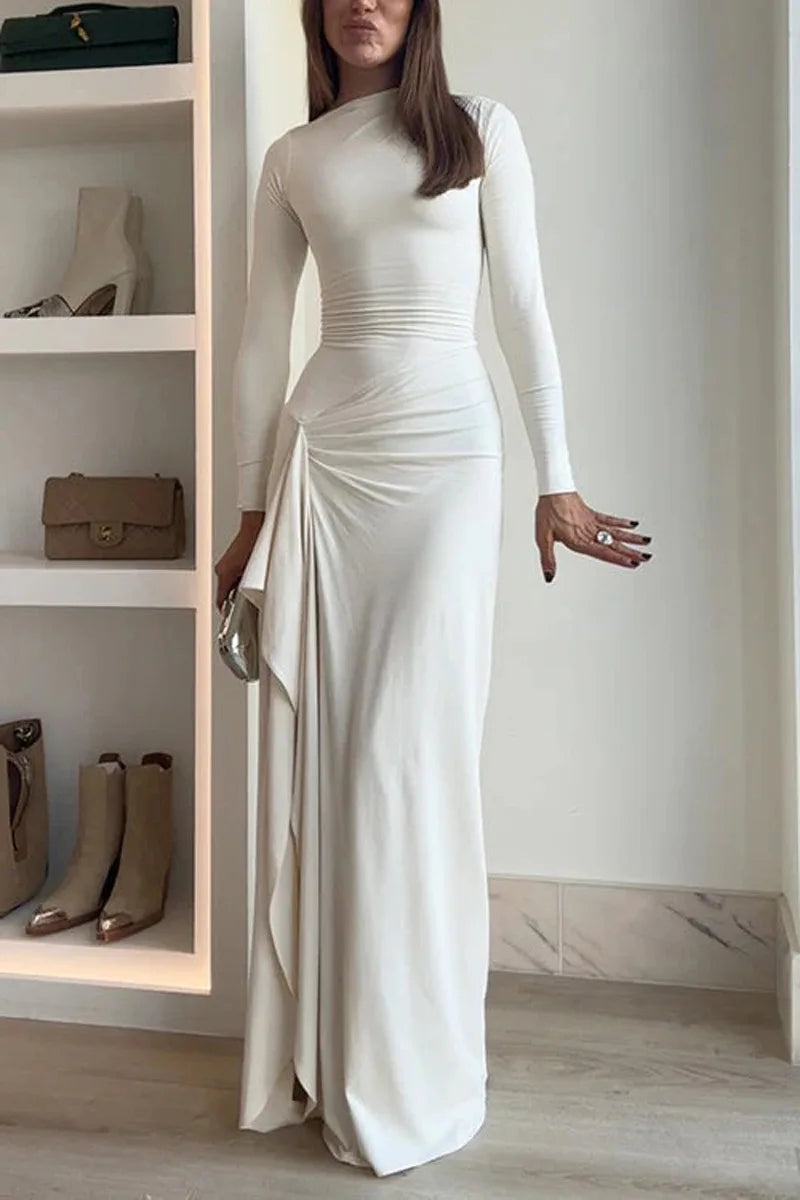 Elegant White Ruched Dresses Womens Long Sleeve Curvy Slit Evening Luxury Party Dress Winter Evening Black Gowns Red Prom Robe