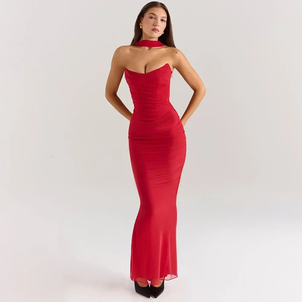 Elegant Women 2 Piece Dress Set Strapless Bodycon Crop Top and Maxi Skirt Set