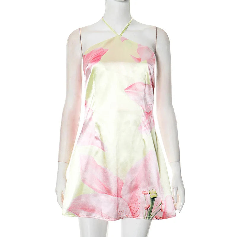 Halter Contrast Print Lace Up Fashion Slim Mini Dress A-line Dress