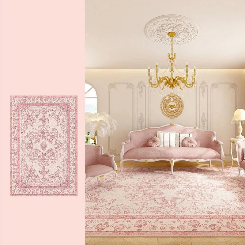 Living Room Carpet Pink Retro Carpets Soft Foot Mat Bedroom Bedside Floors Non-slip Advanced Light Luxury Home Decoration Rug