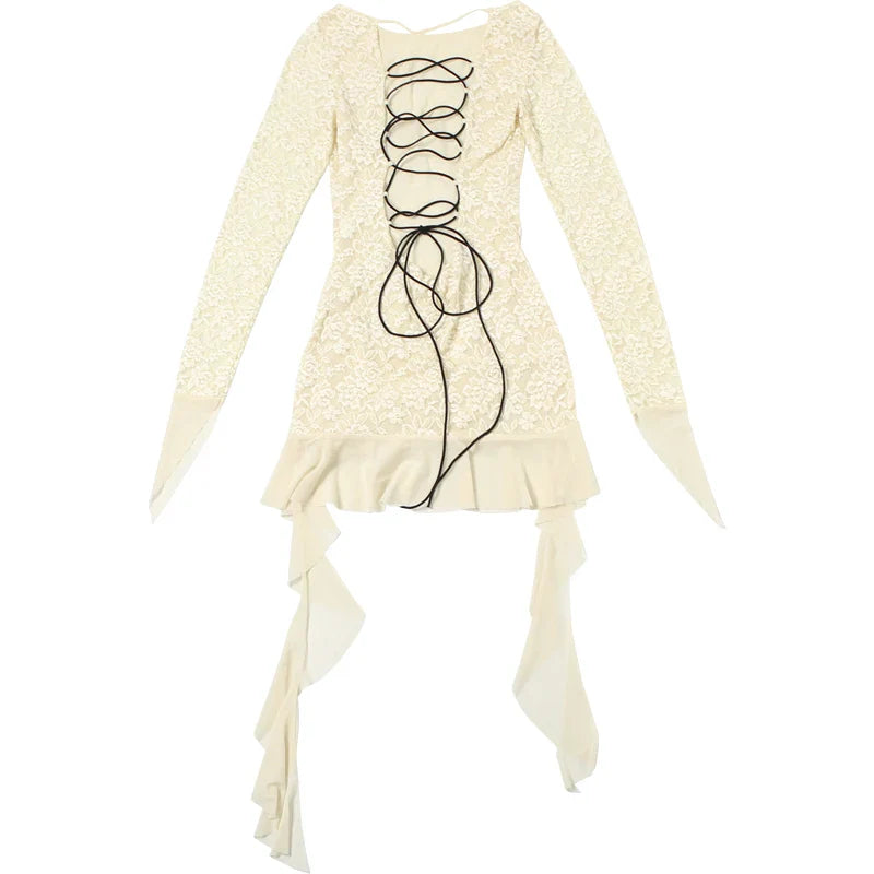 Lace Patchwork Dress Woman Sexy See Through Bandage Backless Ruffles Long Sleeve Irregular Hem Skinny Bodycon