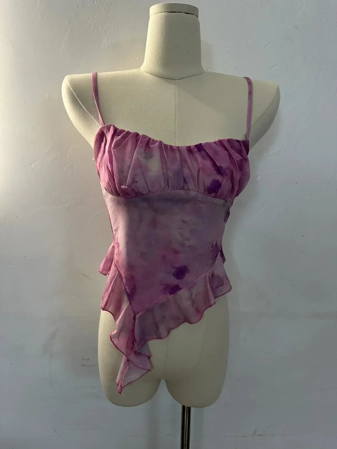 Girls Sweet Ruffles Mesh Camisole Top Lady Camis Sleeveless Printed Floral T shirts Stretch Slim Tanks For Slim Women