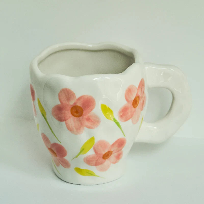 Korean Style Mug Irregular Hand-painted Flowers Ceramic Mugs
