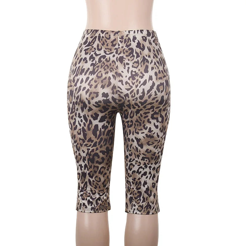 Leopard Print Cropped Pants Women Elastic Waist Buttoms Classic Skinny Basic Streetwear